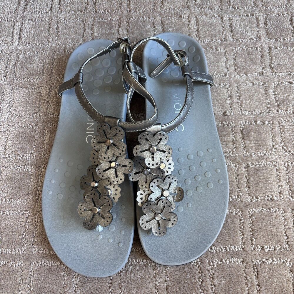Vionic Julie II Floral Thong Sandals Women's 8 Silver Gray Comfort Orthopedic - Picture 2 of 6
